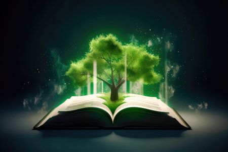 Concept illustration of a open book with green tree and rays of light. Generative AIの素材