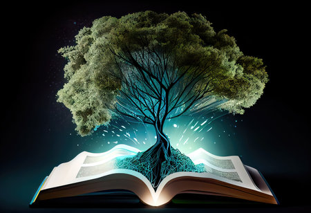 Concept illustration of a open book with green tree and rays of light. Generative AIの素材