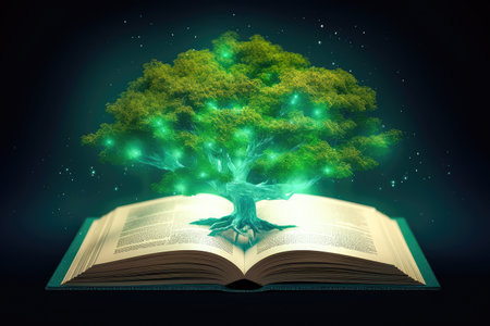 Concept illustration of a open book with green tree and rays of light. Generative AIの素材