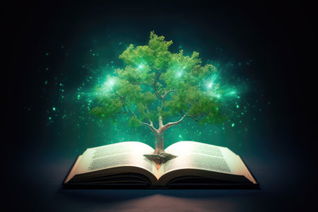 Concept illustration of a open book with green tree and rays of light. Generative AIの素材