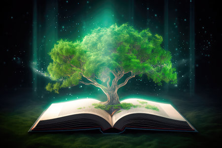 Concept illustration of a open book with green tree and rays of light. Generative AIの素材