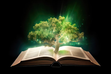 Concept illustration of a open book with green tree and rays of light. Generative AIの素材