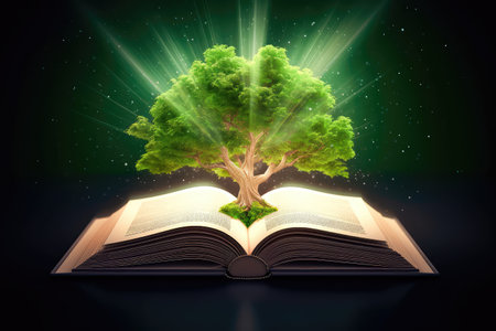 Concept illustration of a open book with green tree and rays of light. Generative AIの素材