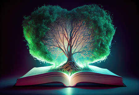 Concept illustration of a open book with green tree and rays of light. Generative AIの素材