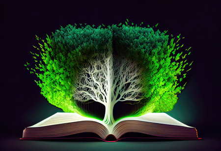 Concept illustration of a open book with green tree and rays of light. Generative AIの素材
