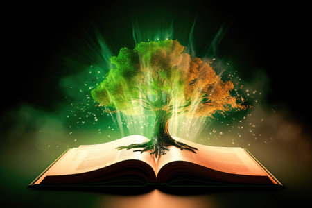 Concept illustration of a open book with green tree and rays of light. Generative AIの素材