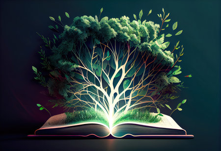 Concept illustration of a open book with green tree and rays of light. Generative AIの素材