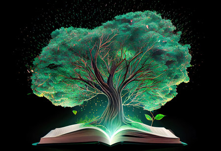 Concept illustration of a open book with green tree and rays of light. Generative AIの素材