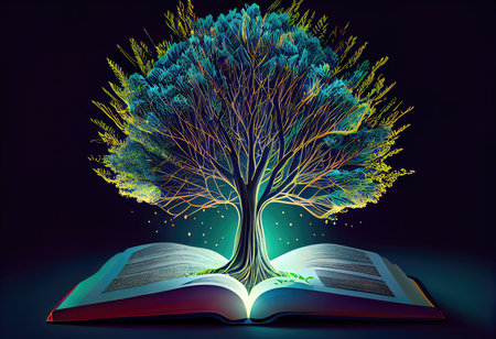 Concept illustration of a open book with green tree and rays of light. Generative AIの素材