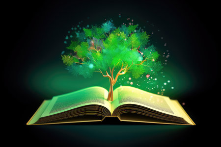 Concept illustration of a open book with green tree and rays of light. Generative AIの素材