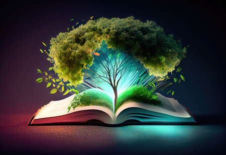 Concept illustration of a open book with green tree and rays of light. Generative AIの素材