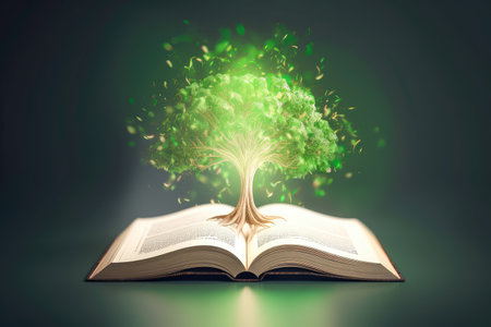 Concept illustration of a open book with green tree and rays of light. Generative AIの素材