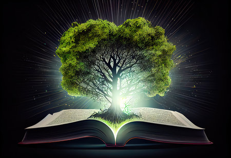 Concept illustration of a open book with green tree and rays of light. Generative AIの素材