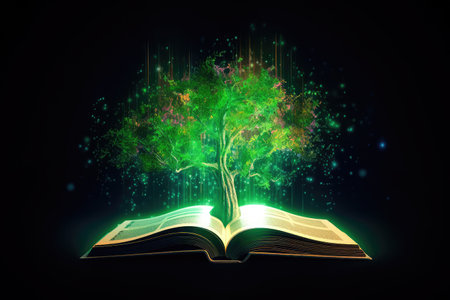 Concept illustration of a open book with green tree and rays of light. Generative AIの素材