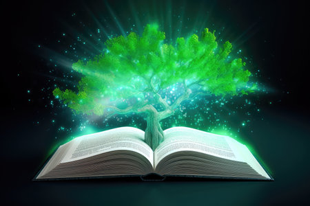 Concept illustration of a open book with green tree and rays of light. Generative AIの素材