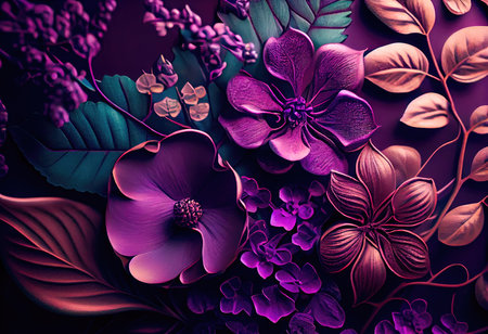 Concept illustration of a decorative violet floral background. Generative AIの素材