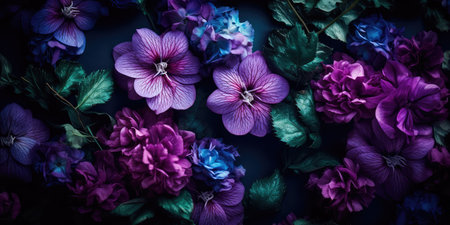 Concept illustration of a decorative violet floral background. Generative AIの素材