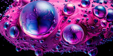 Concept illustration of a creative abstract background of soapy purple color with bubbles, refracting colors and tones. Blue, pink and violet water soap. Generative AI.の素材