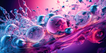 Concept illustration of a creative abstract background of soapy purple color with bubbles, refracting colors and tones. Blue, pink and violet water soap. Generative AI.の素材