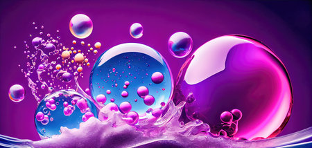 Concept illustration of a creative abstract background of soapy purple color with bubbles, refracting colors and tones. Blue, pink and violet water soap. Generative AI.の素材