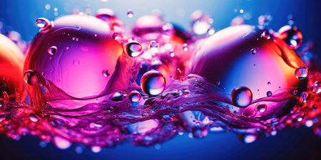 Concept illustration of a creative abstract background of soapy purple color with bubbles, refracting colors and tones. Blue, pink and violet water soap. Generative AI.の素材