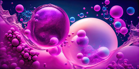 Concept illustration of a creative abstract background of soapy purple color with bubbles, refracting colors and tones. Blue, pink and violet water soap. Generative AI.の素材