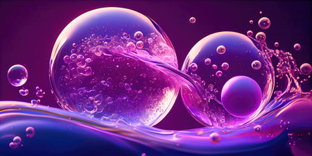 Concept illustration of a creative abstract background of soapy purple color with bubbles, refracting colors and tones. Blue, pink and violet water soap. Generative AI.の素材