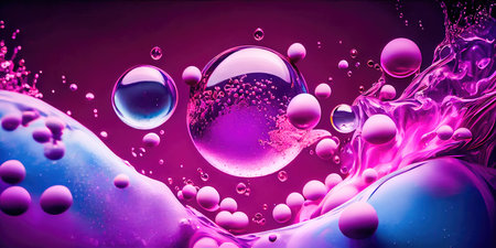 Concept illustration of a creative abstract background of soapy purple color with bubbles, refracting colors and tones. Blue, pink and violet water soap. Generative AI.の素材