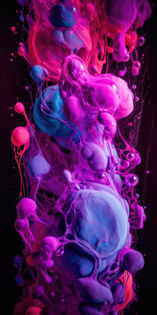 Concept illustration of a creative abstract background of soapy purple color with bubbles, refracting colors and tones. Blue, pink and violet water soap. Generative AI.の素材