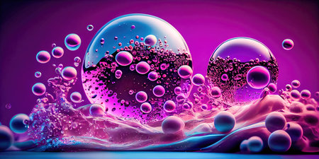Concept illustration of a creative abstract background of soapy purple color with bubbles, refracting colors and tones. Blue, pink and violet water soap. Generative AI.の素材