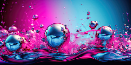 Concept illustration of a creative abstract background of soapy purple color with bubbles, refracting colors and tones. Blue, pink and violet water soap. Generative AI.の素材