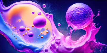 Concept illustration of a creative abstract background of soapy purple color with bubbles, refracting colors and tones. Blue, pink and violet water soap. Generative AI.の素材