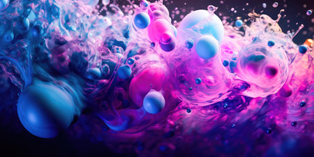 Concept illustration of a creative abstract background of soapy purple color with bubbles, refracting colors and tones. Blue, pink and violet water soap. Generative AI.の素材