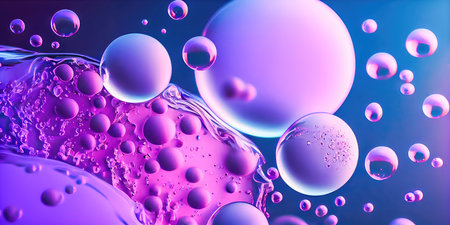 Concept illustration of a creative abstract background of soapy purple color with bubbles, refracting colors and tones. Blue, pink and violet water soap. Generative AI.の素材