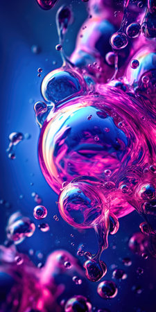 Concept illustration of a creative abstract background of soapy purple color with bubbles, refracting colors and tones. Blue, pink and violet water soap. Generative AI.の素材