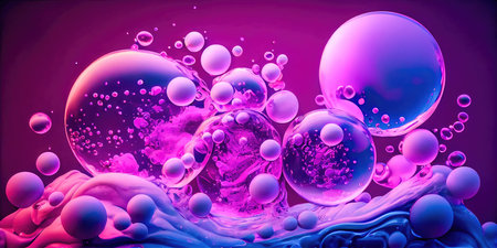 Concept illustration of a creative abstract background of soapy purple color with bubbles, refracting colors and tones. Blue, pink and violet water soap. Generative AI.の素材