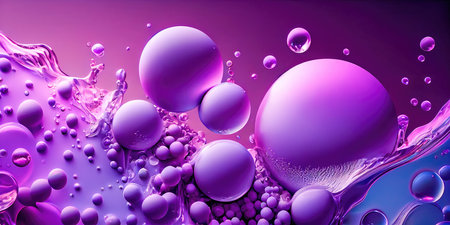 Concept illustration of a creative abstract background of soapy purple color with bubbles, refracting colors and tones. Blue, pink and violet water soap. Generative AI.の素材