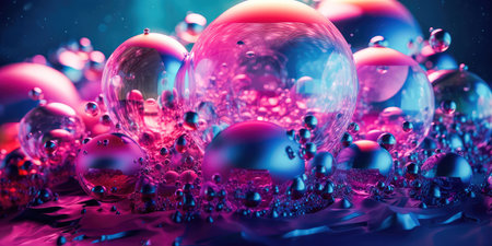 Concept illustration of a creative abstract background of soapy purple color with bubbles, refracting colors and tones. Blue, pink and violet water soap. Generative AI.の素材