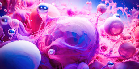 Concept illustration of a creative abstract background of soapy purple color with bubbles, refracting colors and tones. Blue, pink and violet water soap. Generative AI.の素材