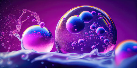 Concept illustration of a creative abstract background of soapy purple color with bubbles, refracting colors and tones. Blue, pink and violet water soap. Generative AI.の素材