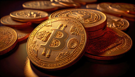 Concept illustration of a bitcoin Cryptocurrency as Gold Coins. Digital Banking Wallpaper. Generative AIの素材