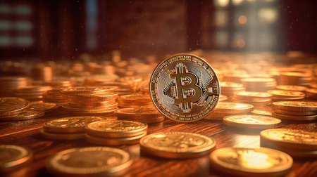 Concept illustration of a bitcoin Cryptocurrency as Gold Coins. Digital Banking Wallpaper. Generative AIの素材