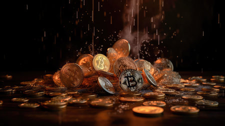Concept illustration of a bitcoin Cryptocurrency as Gold Coins. Digital Banking Wallpaper. Generative AIの素材
