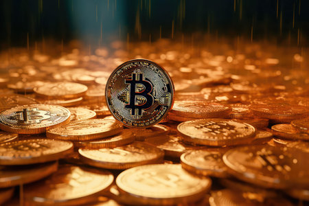 Concept illustration of a bitcoin Cryptocurrency as Gold Coins. Digital Banking Wallpaper. Generative AIの素材
