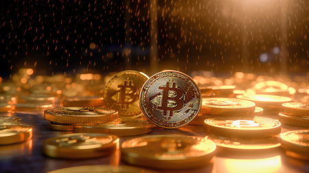 Concept illustration of a bitcoin Cryptocurrency as Gold Coins. Digital Banking Wallpaper. Generative AIの素材