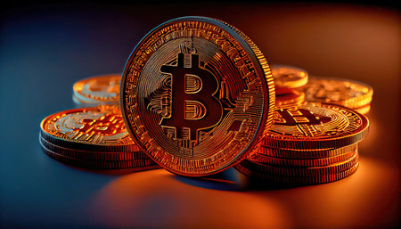 Concept illustration of a bitcoin Cryptocurrency as Gold Coins. Digital Banking Wallpaper. Generative AIの素材