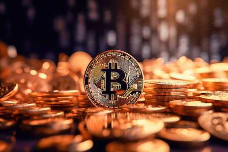 Concept illustration of a bitcoin Cryptocurrency as Gold Coins. Digital Banking Wallpaper. Generative AIの素材