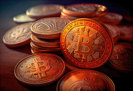 Concept illustration of a bitcoin Cryptocurrency as Gold Coins. Digital Banking Wallpaper. Generative AIの素材