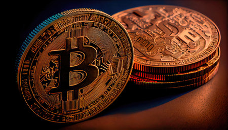Concept illustration of a bitcoin Cryptocurrency as Gold Coins. Digital Banking Wallpaper. Generative AIの素材