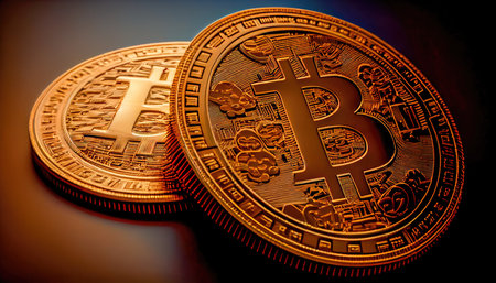 Concept illustration of a bitcoin Cryptocurrency as Gold Coins. Digital Banking Wallpaper. Generative AIの素材